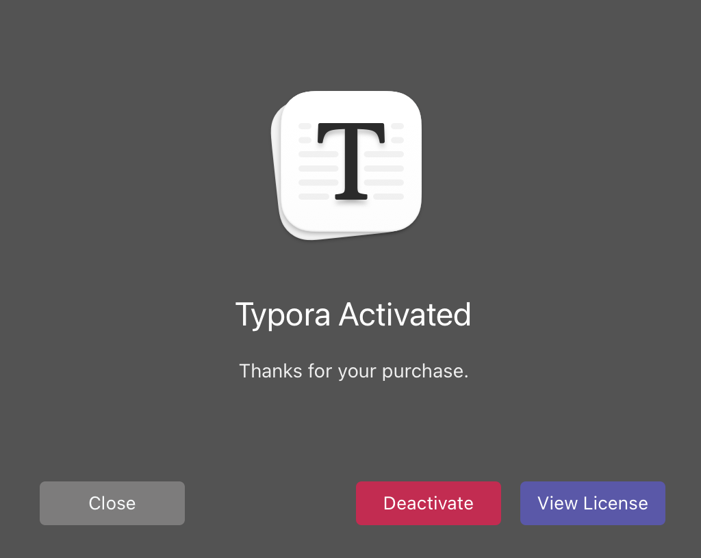 typoraのライセンス認証完了画面