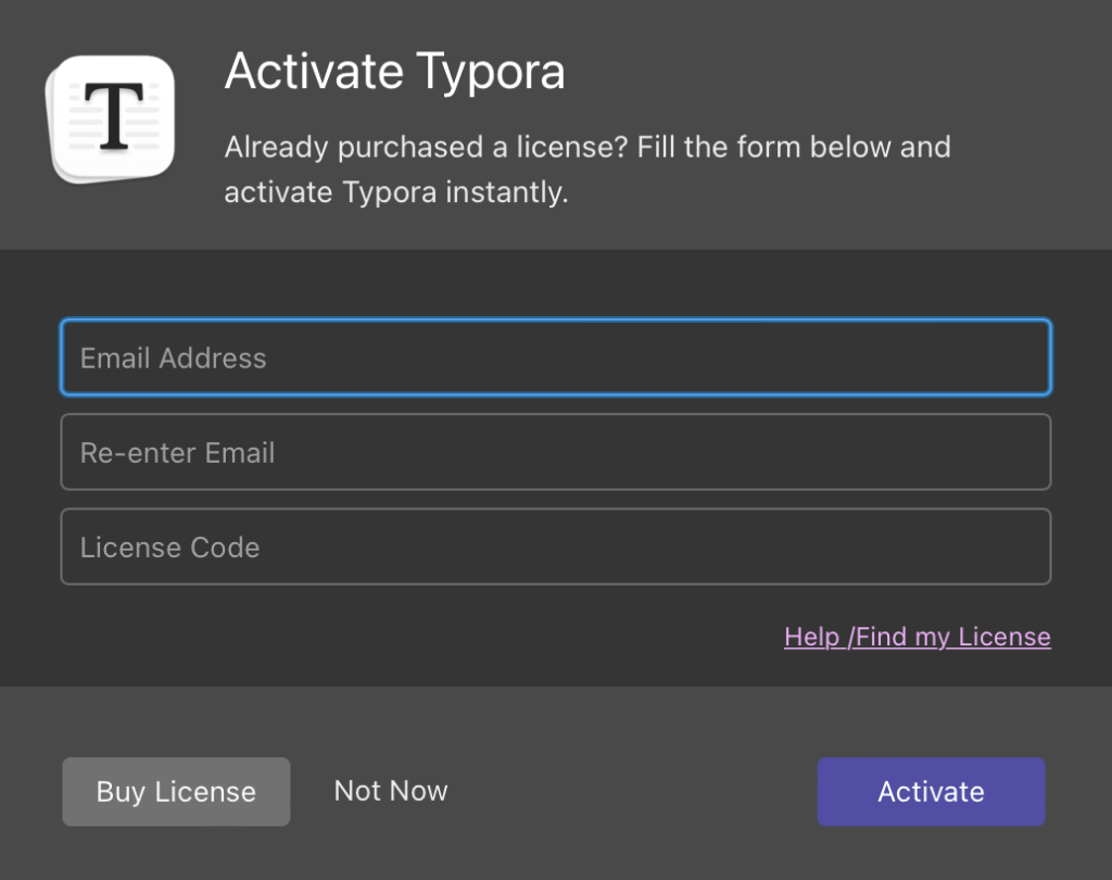 Typora正式版のライセンスキー入力画面